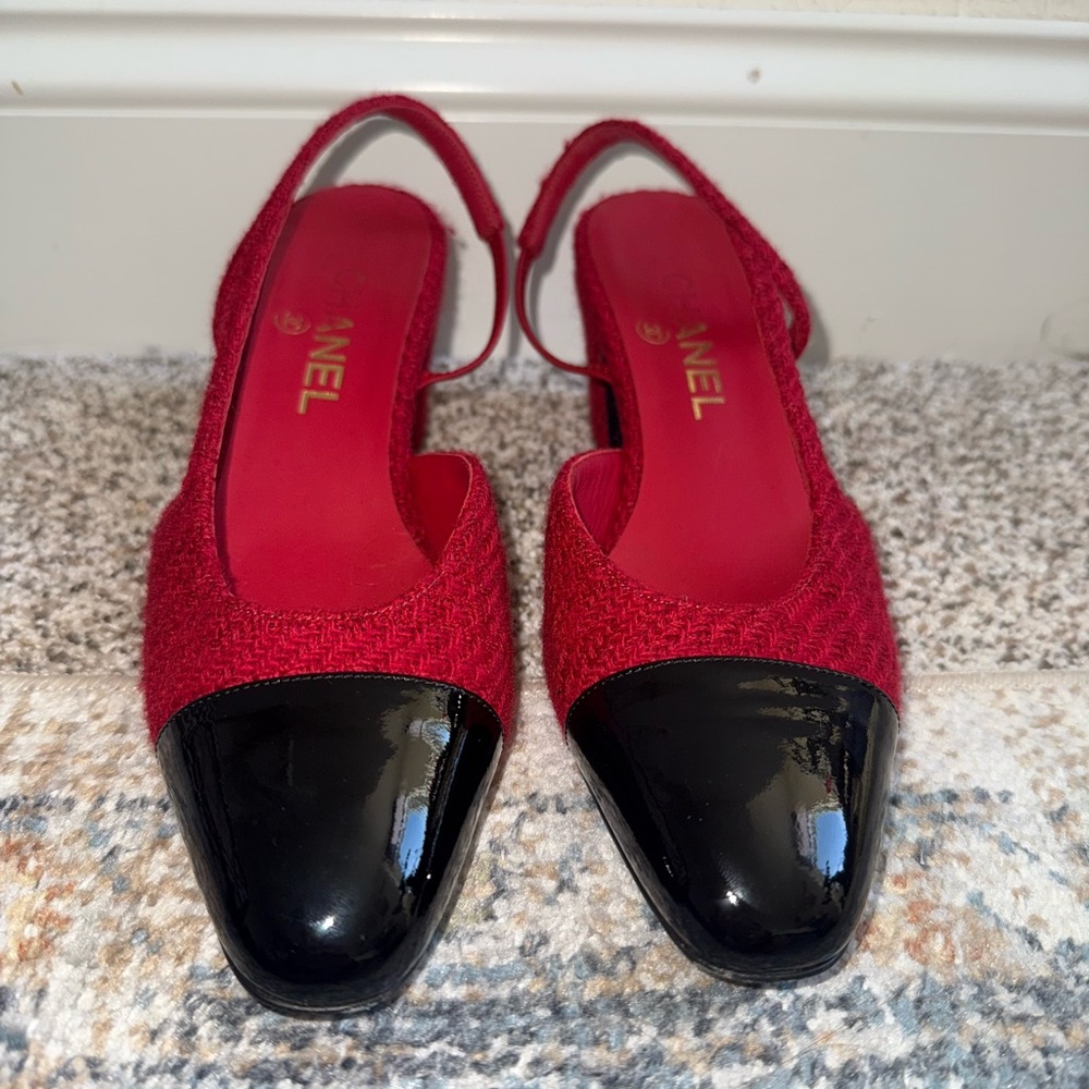 CHANEL Red and Black Heels